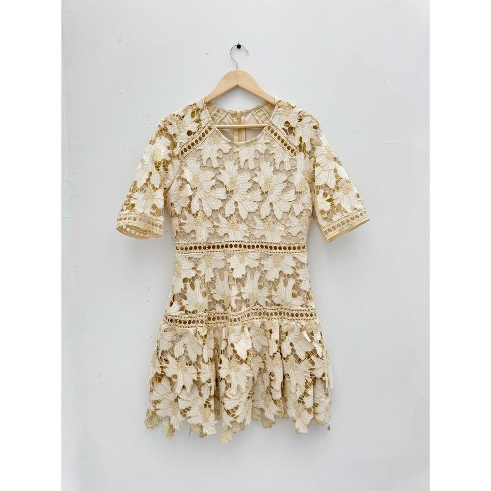Just Me L Large Cream Floral Crochet Lace Fit Flare Dress Cottagecore Romantic